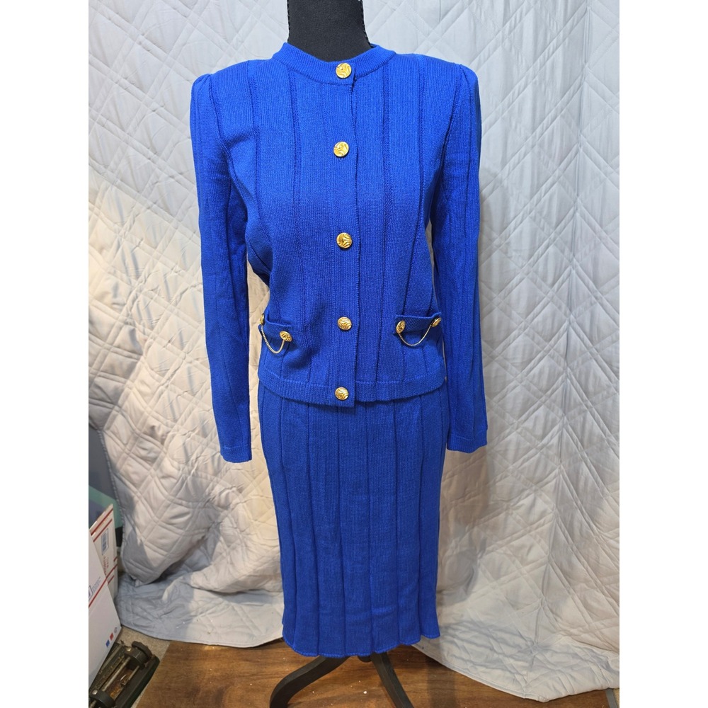 Laura Petites‎ by Alyzie Vintage Royal Blue Knit Skirt Set Gold Buttons USA Made